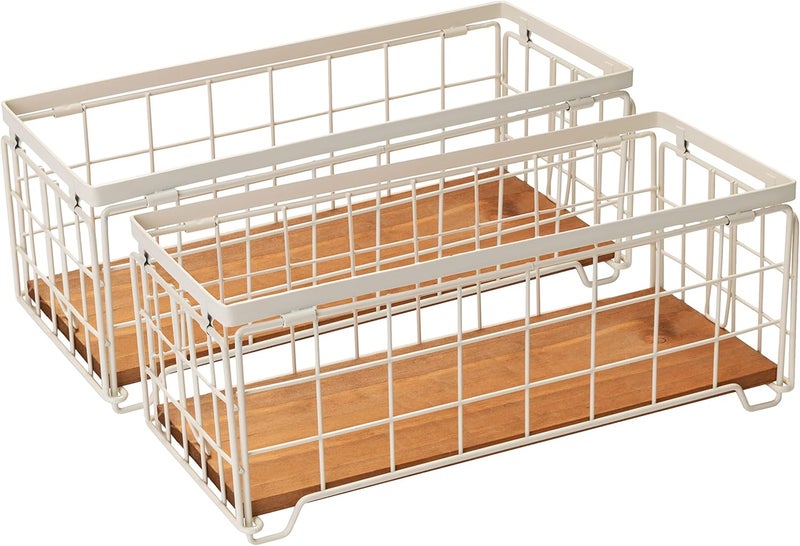 TIEYIPIN Metal Wire Storage Basket, Toilet Paper Roll Holder Wood Base Countertop Decor Box Toilet Tank Shelf Cabinet Organizer for Bathroom Pantry Garage Bedroom Livingroom (Cream White (2 Pack)) - Image 1